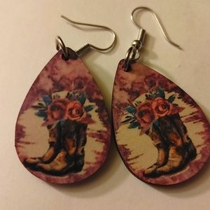 1 pair purple earrings with cowgirl boots